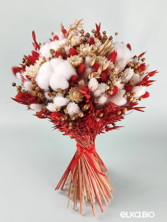 Красный букет с овсом, хлопком и сухоцветами А124-B104