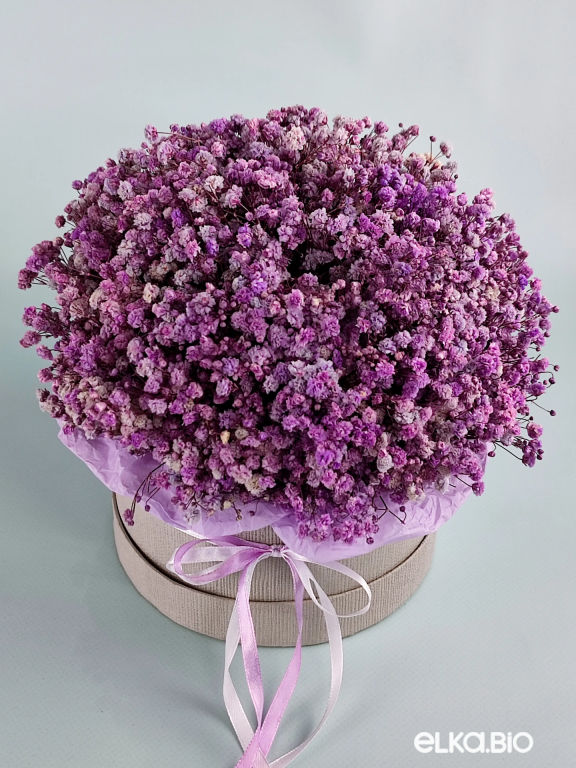 Композиция из цветов гипсофилы в шляпной коробке А126-B103
