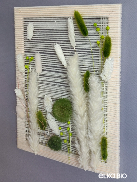 Панно на стену из белых и зеленых сухоцветов Б85-B108