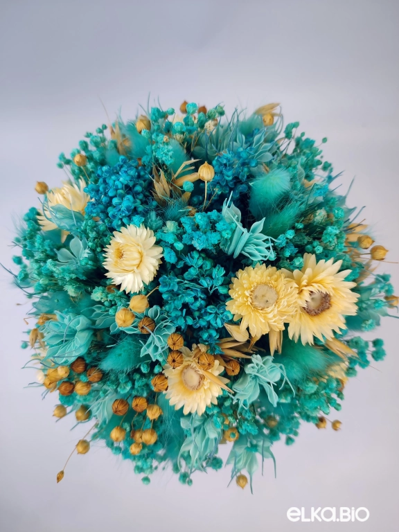 Бирюзовый букет из гипсофилы с гелихризумом Б115-B111