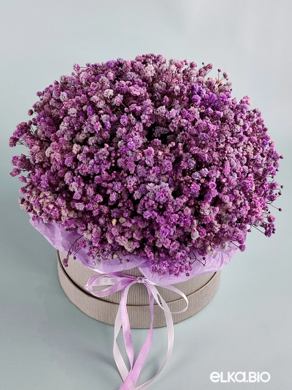 Композиция из цветов гипсофилы в шляпной коробке А126-B103