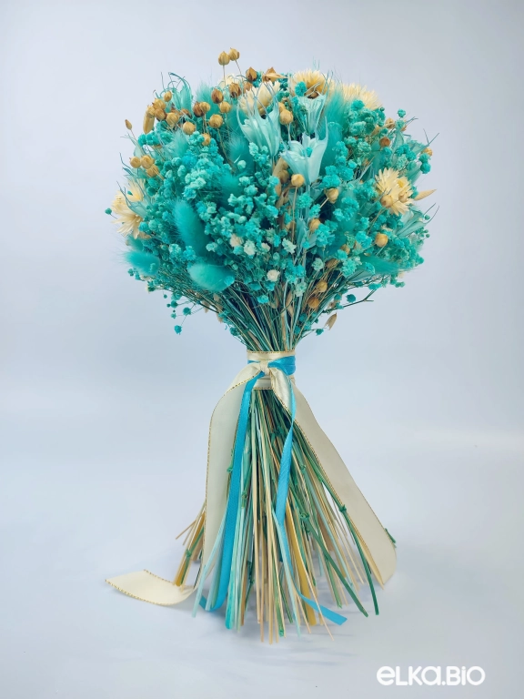 Бирюзовый букет из гипсофилы с гелихризумом Б115-B111
