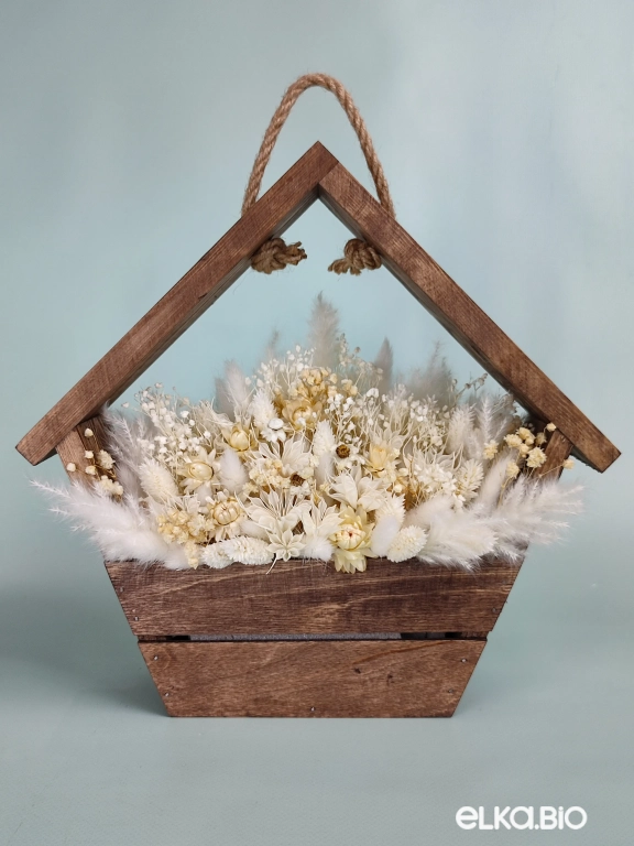 Подвесная композиция из белых сухоцветов в ящике А156-B107 Подвесная композиция из белых сухоцветов в ящике А156-B107