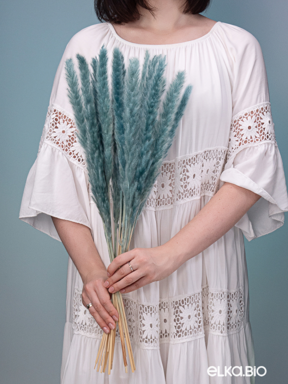 Трава сухоцвет пампас мини 90 шт. серо-малахитовый первый сорт