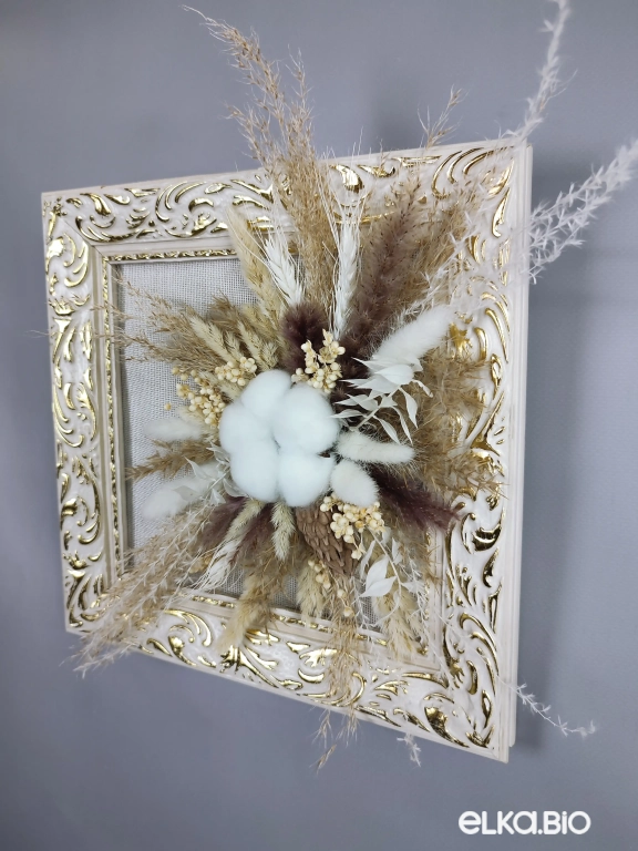 Панно на стену из сухоцветов и хлопка А137-B105