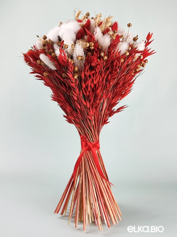 Красный букет с овсом, хлопком и сухоцветами А124-B104