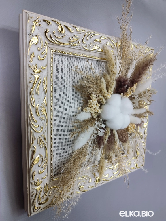 Панно на стену из сухоцветов и хлопка А137-B105