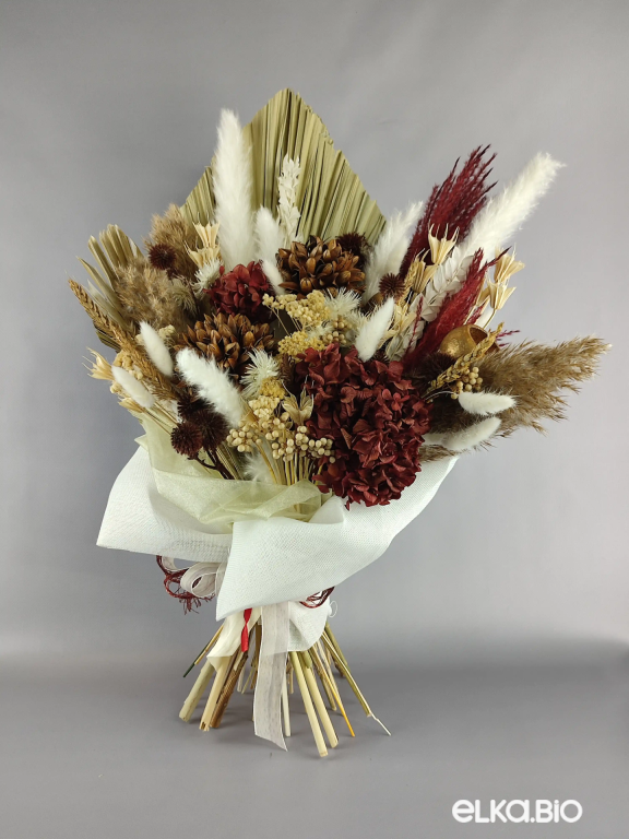 Стабилизированный большой букет с бордовой гортензией и листом пальмы Б41-B100